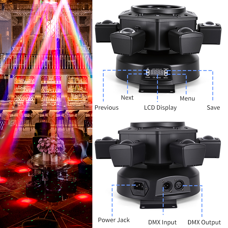 120W Remote Control Moving Head DJ Light 6-Arm LED Mobile Head DMX Full RGBW Stage Effect Lighting for Disco Party Nightclubs