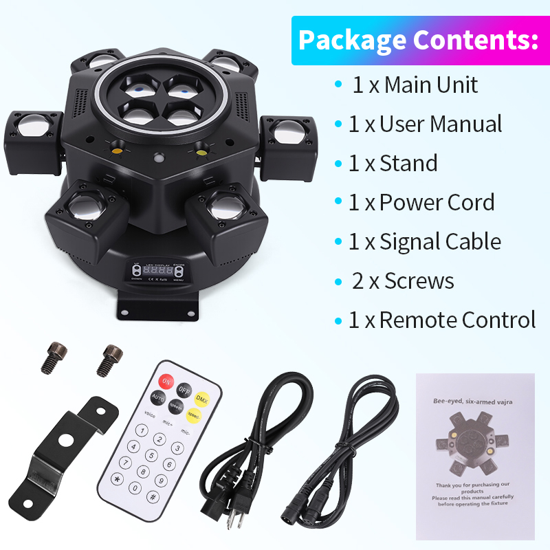 120W Remote Control Moving Head DJ Light 6-Arm LED Mobile Head DMX Full RGBW Stage Effect Lighting for Disco Party Nightclubs