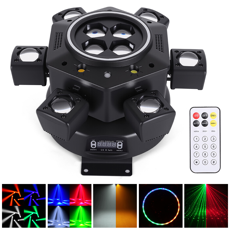 120W Remote Control Moving Head DJ Light 6-Arm LED Mobile Head DMX Full RGBW Stage Effect Lighting for Disco Party Nightclubs