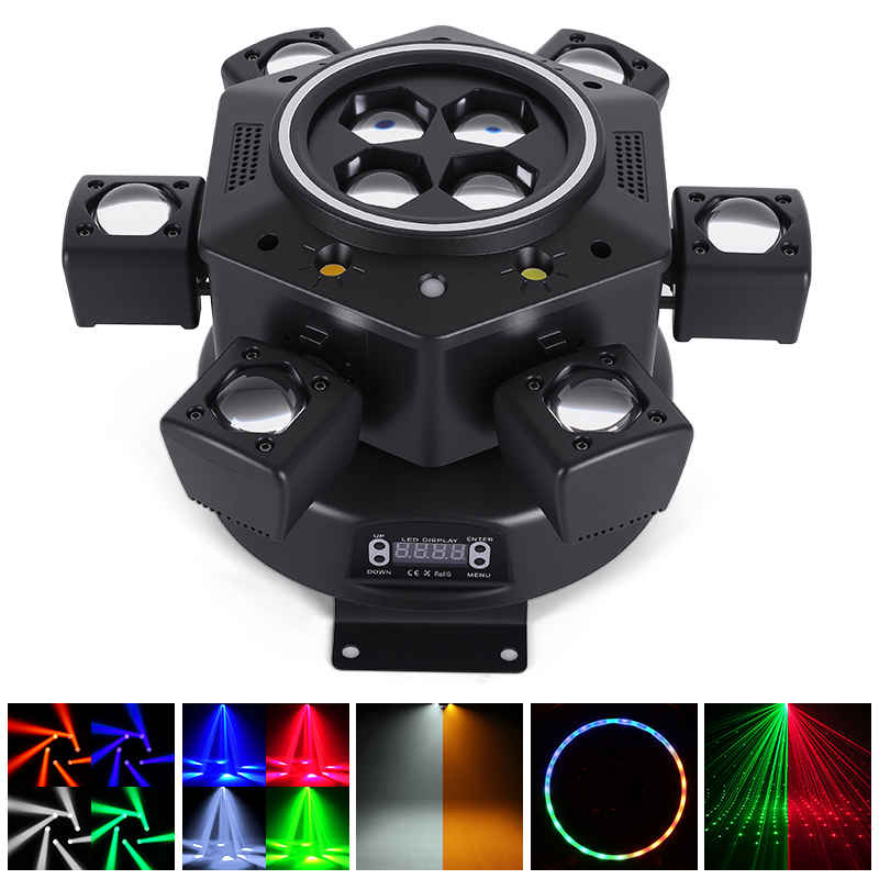 120W Remote Control Moving Head DJ Light 6-Arm LED Mobile Head DMX Full RGBW Stage Effect Lighting for Disco Party Nightclubs