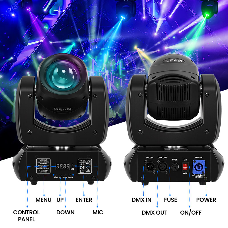MINGJIE 120W Moving Head DJ Lights, 18-Facet Prism Stage Lighting with 8 Gobos & 8 Colors, DMX512 Sound Activated LED Beam Spot for Wedding, Bar, Party, KTV, Stage Show